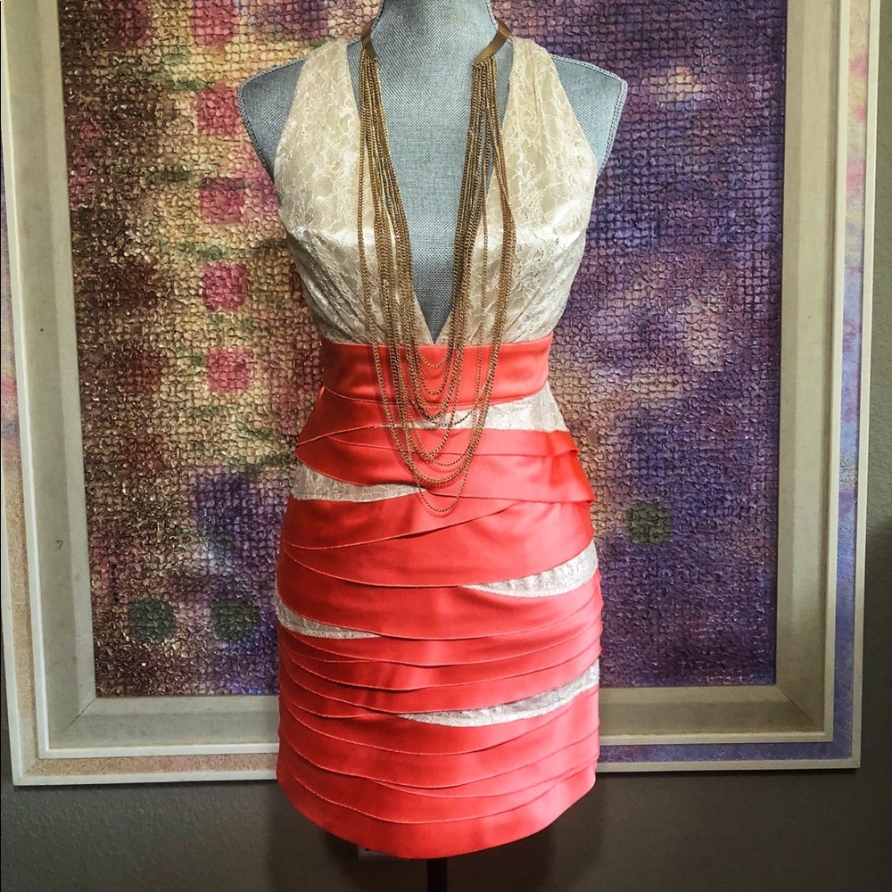 Bebe Coral/gold mini dress with lace detailing